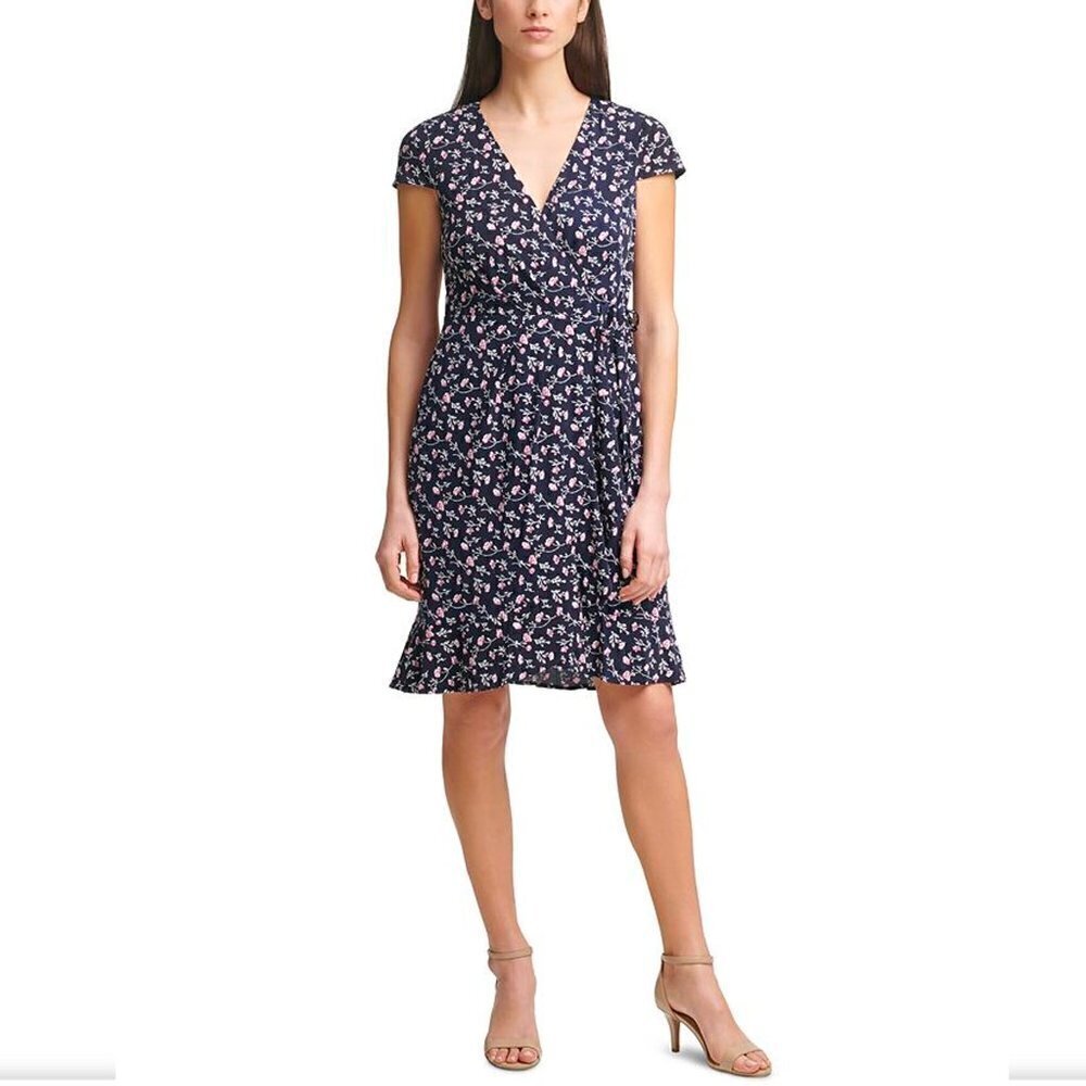 Jessica Howard Size 8 Blue Pink Floral Dress Faux Wrap Ties Cap Sleeve Surplus